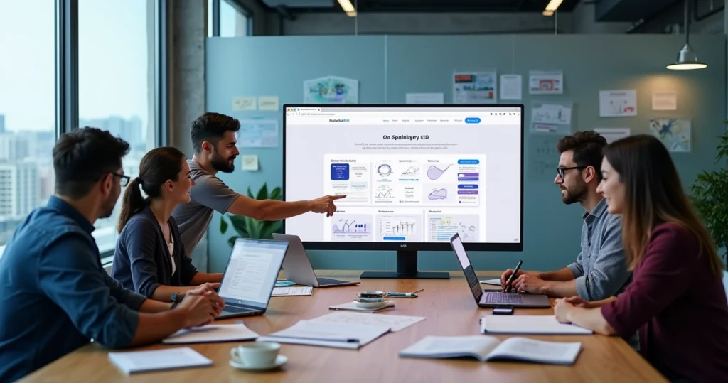Equipe de especialistas em frente a telas planejando site institucional moderno