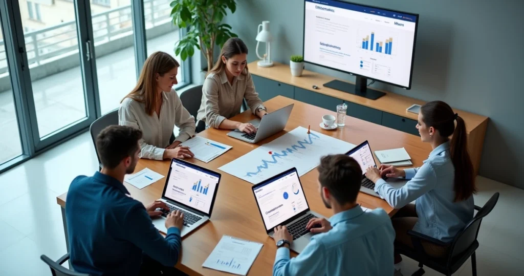 Equipe digital avaliando layout de site institucional em vários dispositivos