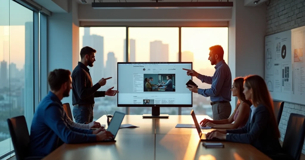 Equipe digital analisando layout de site premium em tela ampla