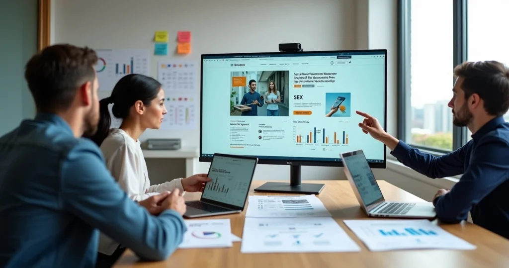 Equipe digital planejando site institucional em tela grande