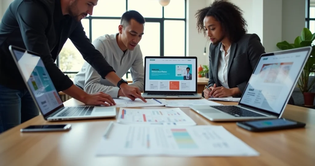 Equipe de marketing e design trabalhando em site institucional moderno em computadores