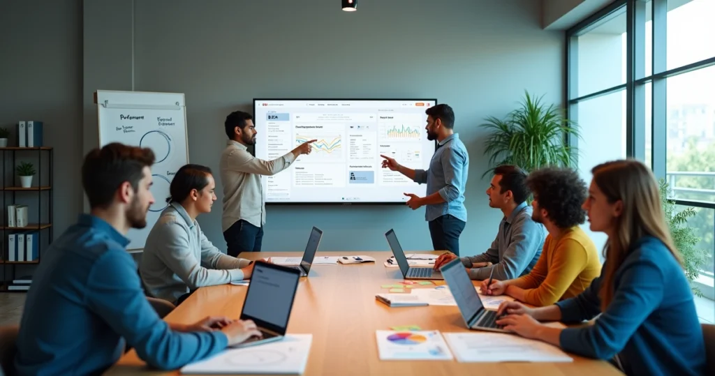 Equipe de desenvolvimento web em escritório moderno colaborando em projeto de site institucional