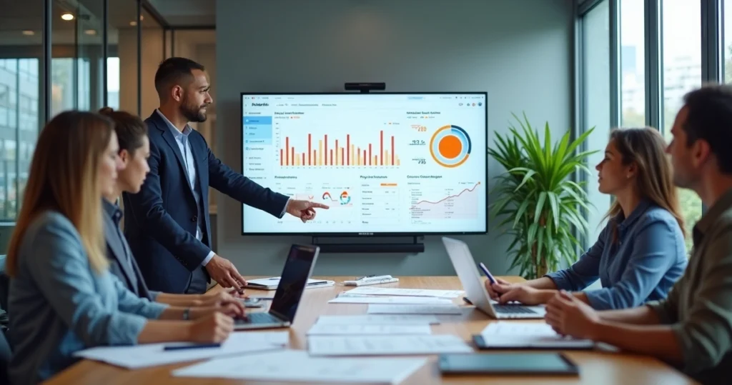 Equipe analisando painel de ecommerce em tela grande