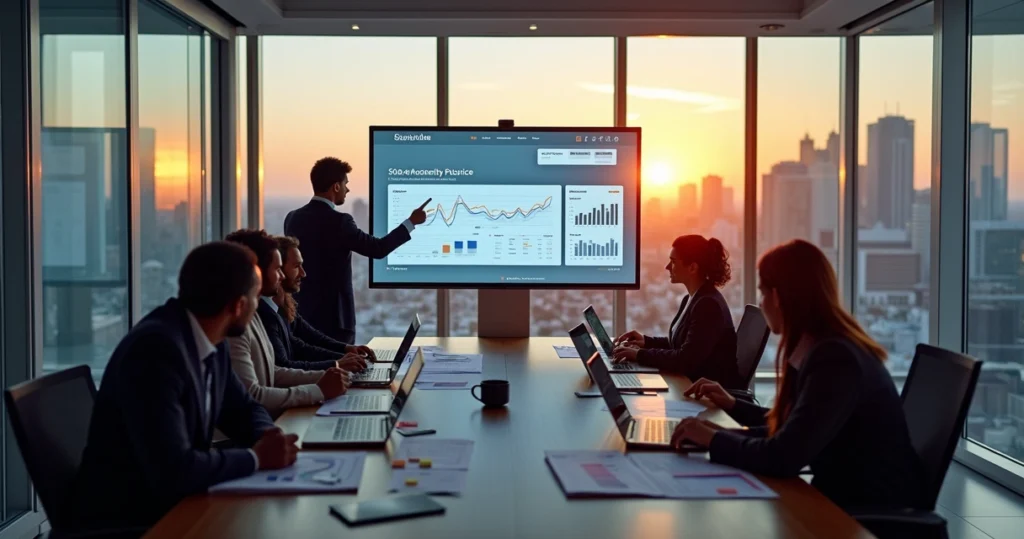 Equipe de marketing e tecnologia planejando site institucional corporativo em tela grande