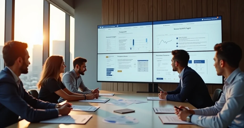 Equipe analisando propostas de criação de site em tela grande