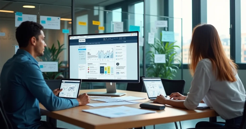 Equipe analisando layout de site institucional em telas com gráficos de UX e SEO