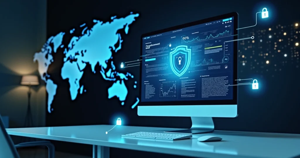 Painel digital com escudo de segurança sobreposto a site corporativo em tela widescreen