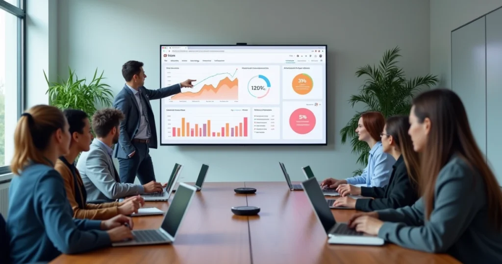 Equipe de marketing analisando site institucional em tela grande com gráficos de conversão