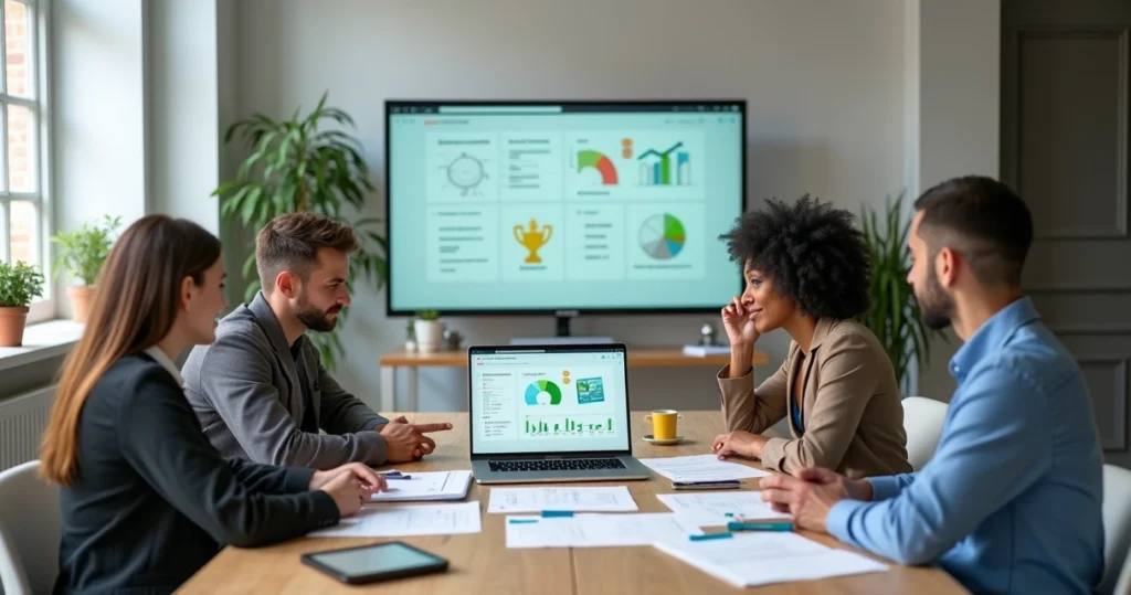 Equipe em mesa de trabalho analisando site em notebook com gráficos de performance na tela